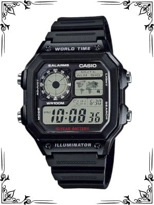 Casio AE1200WH Series  Men’s Digital Watch  100M WR  Multi Alarms  100 SEC Stopwatch  Countdown Timer  World Map for World Time  LED Light  LC Analog Display  10 Year Battery