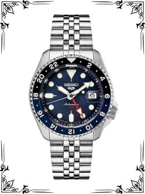 Seiko SSK003 Automatic Watch for Men - 5 -Sports - Blue Dial with Date Calendar and Luminous Hands & Markers and Black & Blue GMT Bezel, 100m Water-Resistant